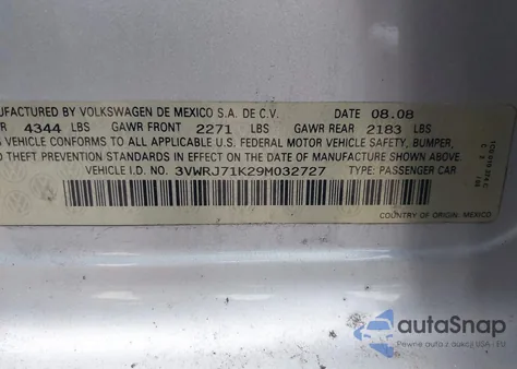 2009 Volkswagen Jetta Wolfsburg Edition z USA, uszkodzony, nr VIN 3VWRJ71K29M032727